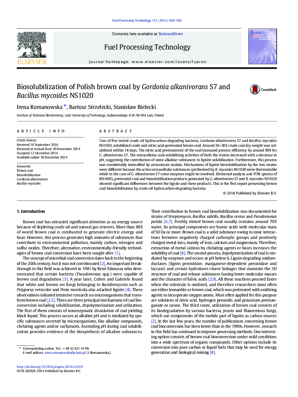 Biosolubilization of Polish brown coal by Gordonia alkanivorans S7 and Bacillus mycoides NS1020