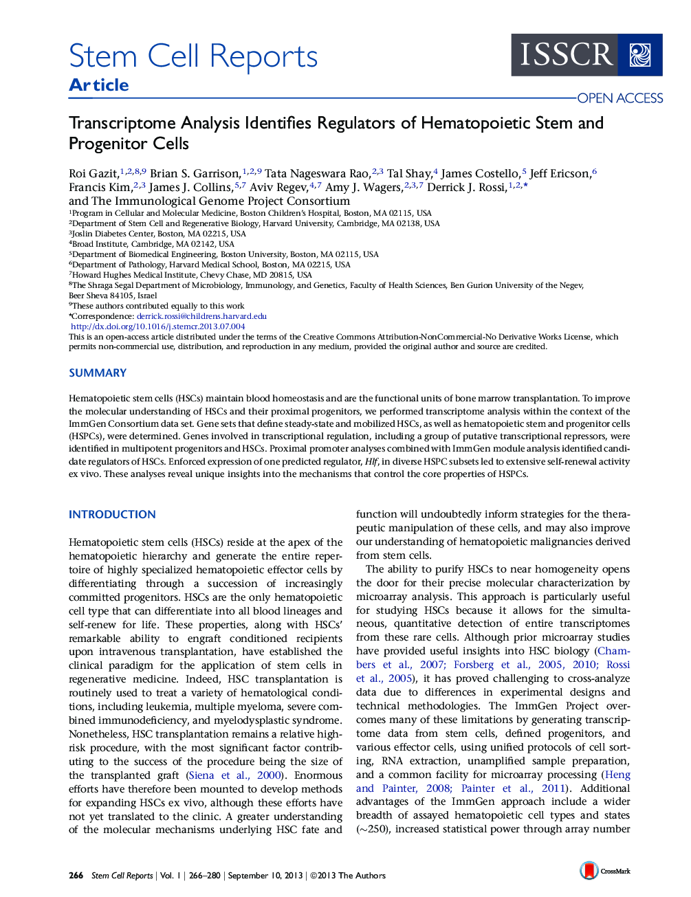 Transcriptome Analysis Identifies Regulators of Hematopoietic Stem and Progenitor Cells 