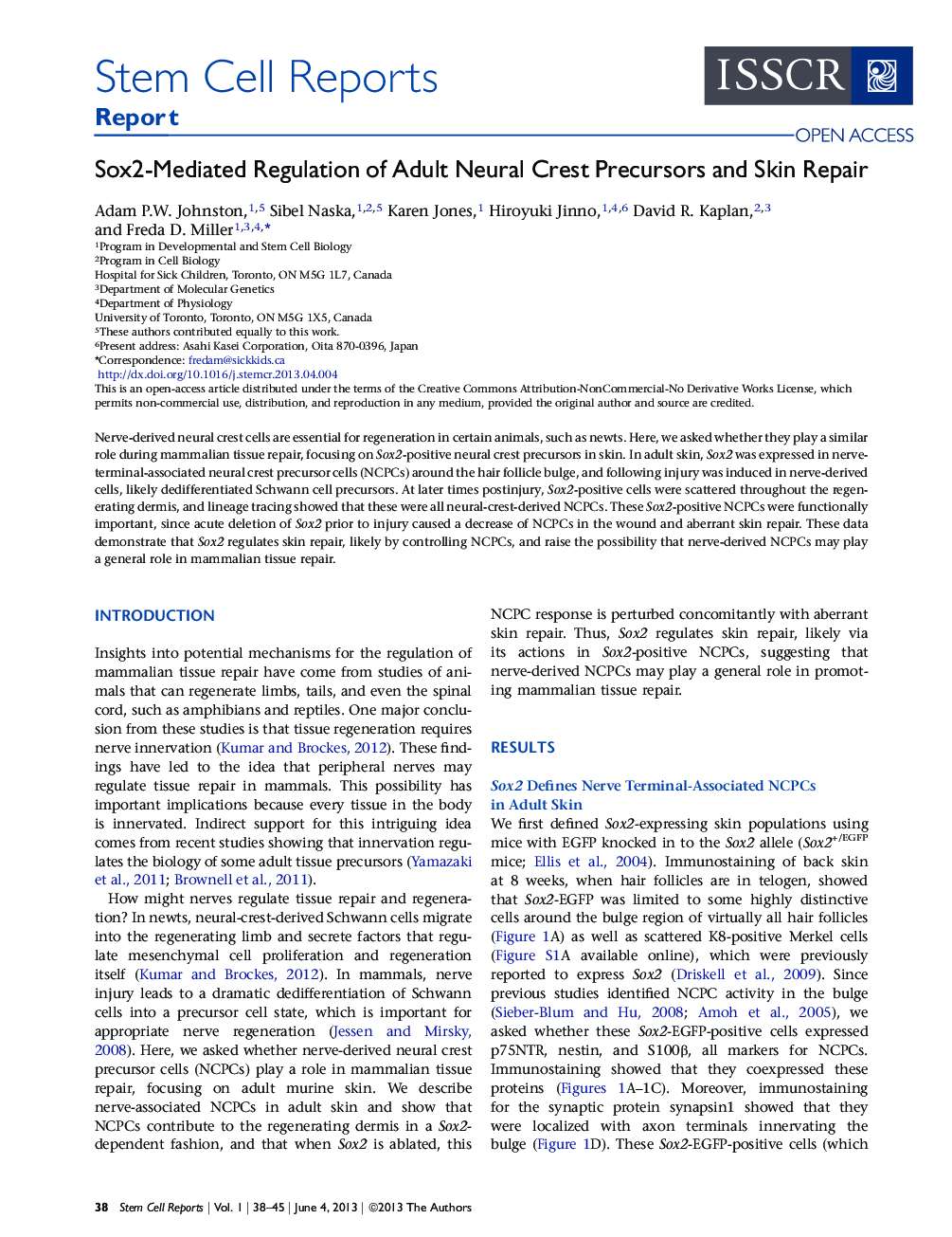 Sox2-Mediated Regulation of Adult Neural Crest Precursors and Skin Repair 