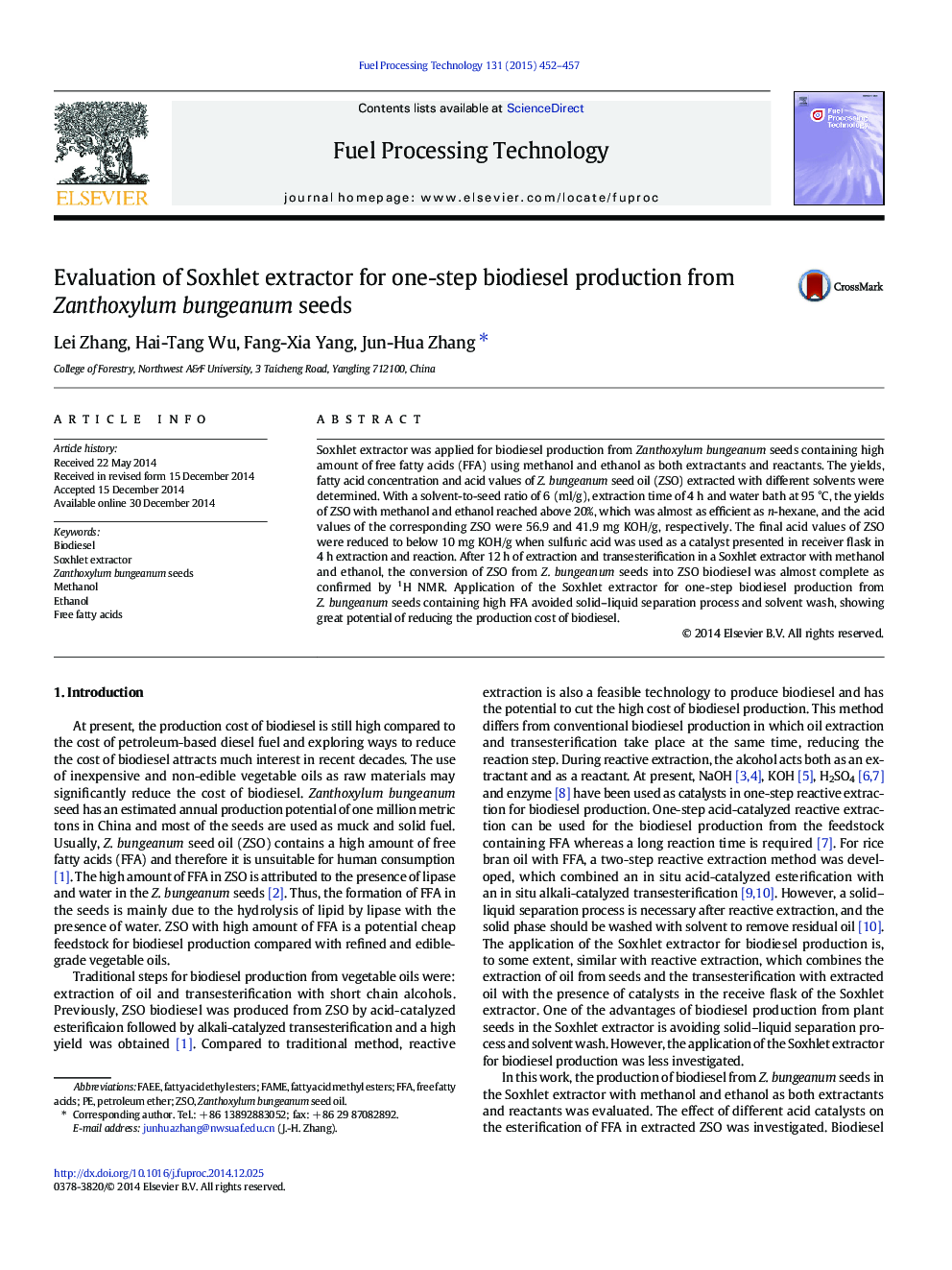 Evaluation of Soxhlet extractor for one-step biodiesel production from Zanthoxylum bungeanum seeds