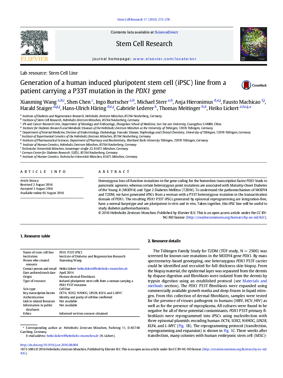تولید یک خط سلول بنیادی pluripotent القا شده توسط انسان (iPSC) از یک بیمار که جهش P33T را در ژن PDX1 حمل می کند
