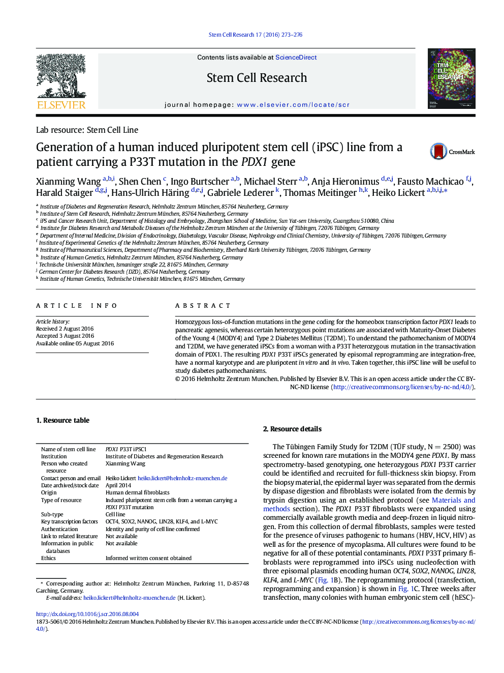 Generation of a human induced pluripotent stem cell (iPSC) line from a patient carrying a P33T mutation in the PDX1 gene