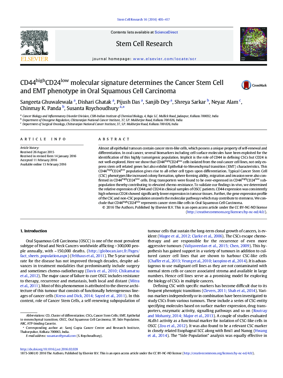 CD44highCD24low molecular signature determines the Cancer Stem Cell and EMT phenotype in Oral Squamous Cell Carcinoma