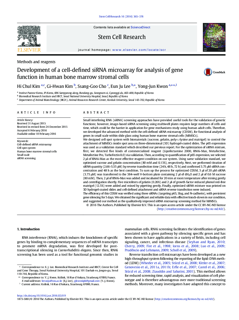 Development of a cell-defined siRNA microarray for analysis of gene function in human bone marrow stromal cells