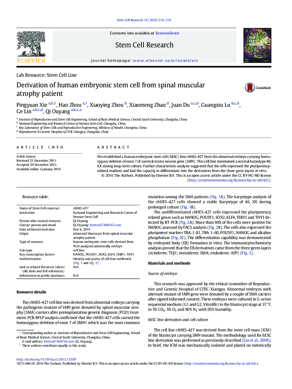 Derivation of human embryonic stem cell from spinal muscular atrophy patient