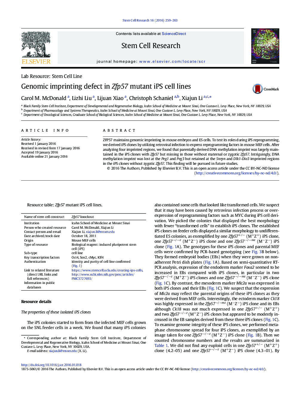 Genomic imprinting defect in Zfp57 mutant iPS cell lines