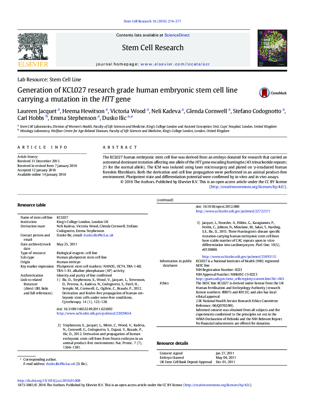 Generation of KCL027 research grade human embryonic stem cell line carrying a mutation in the HTT gene