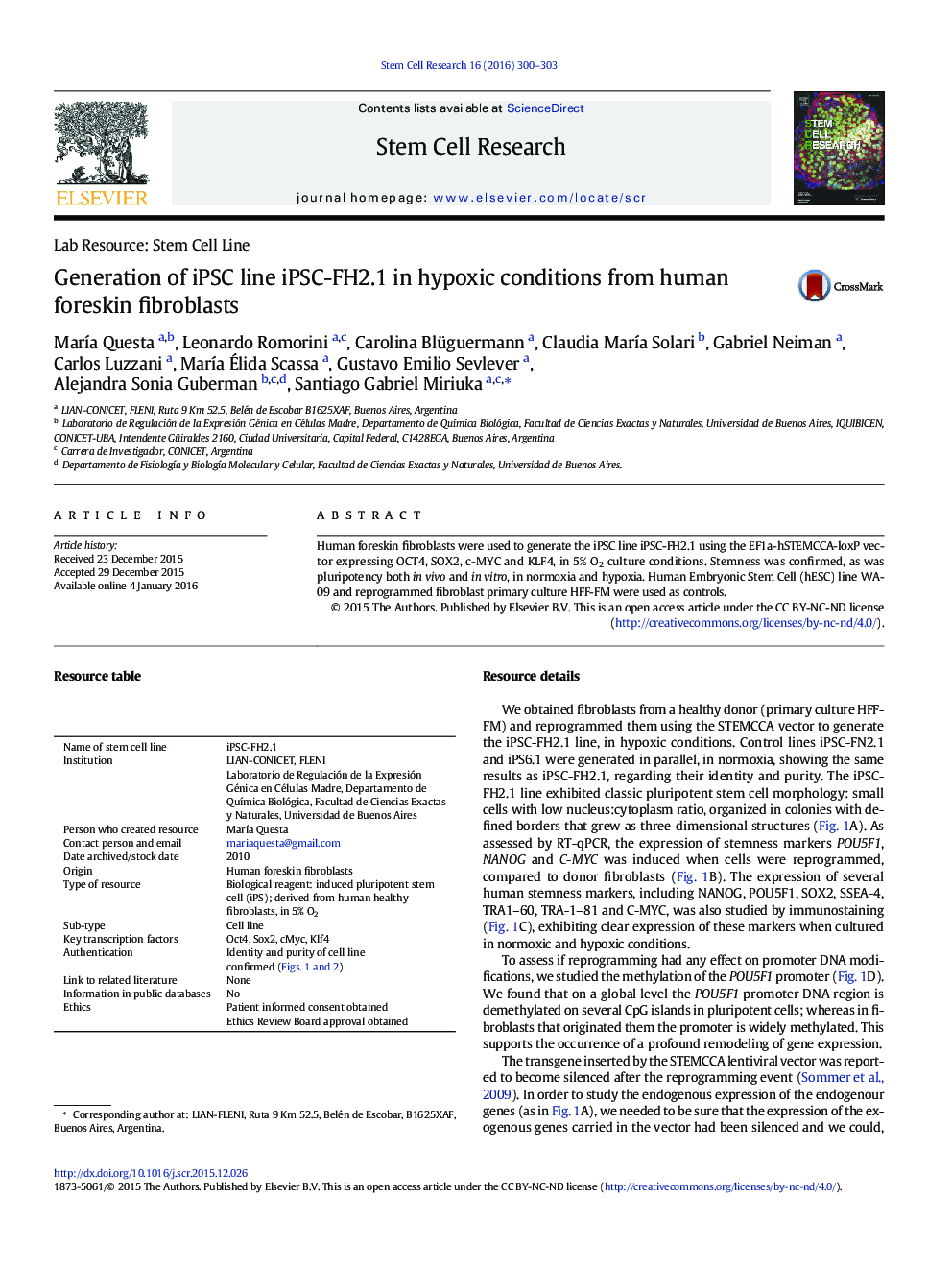 Generation of iPSC line iPSC-FH2.1 in hypoxic conditions from human foreskin fibroblasts