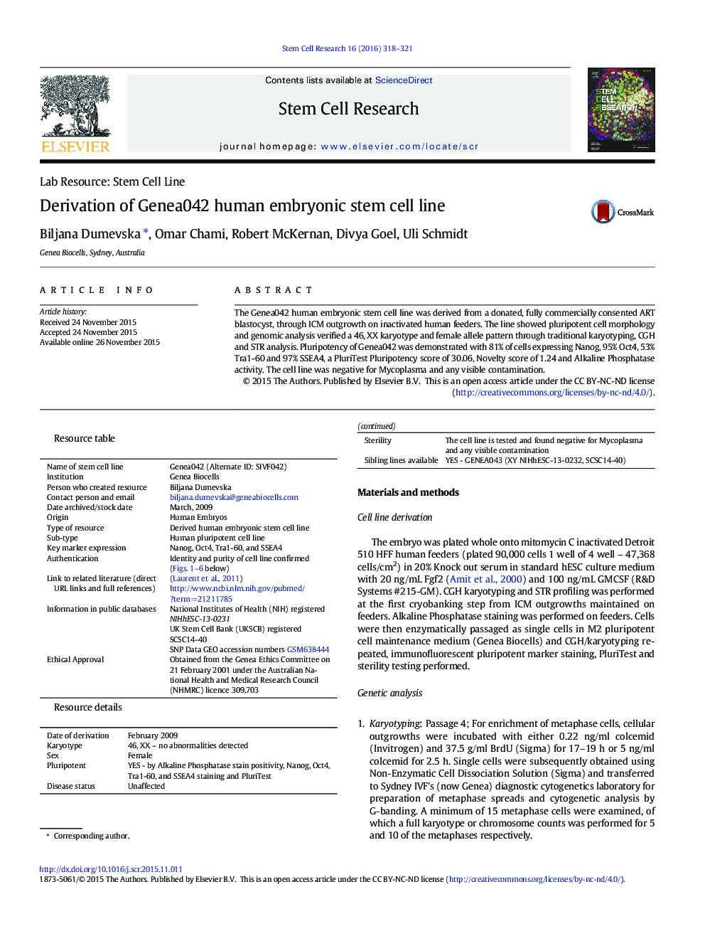 Derivation of Genea042 human embryonic stem cell line