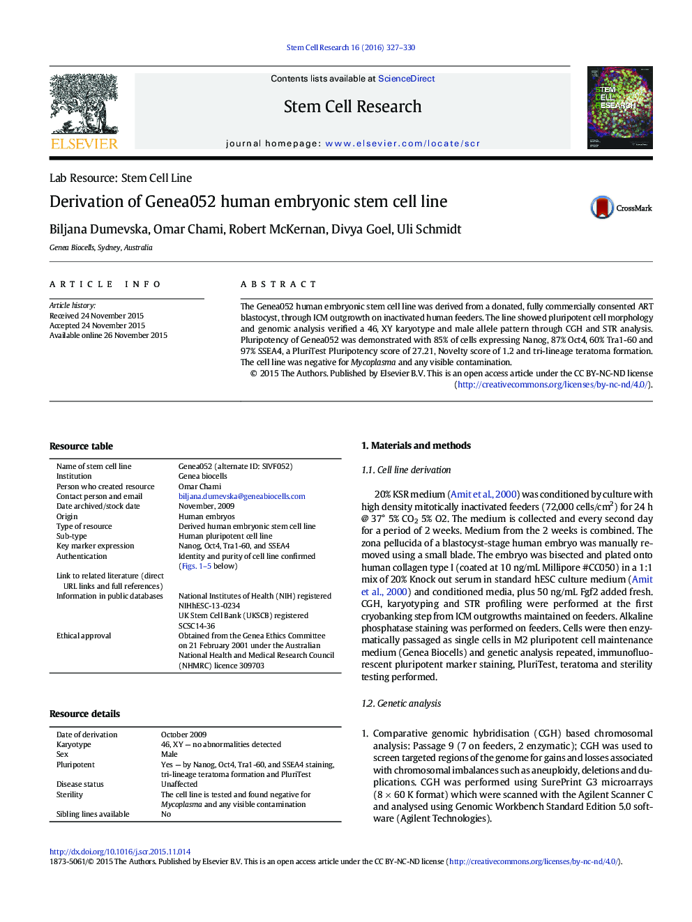 Derivation of Genea052 human embryonic stem cell line