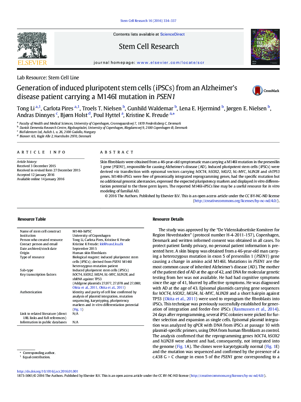 Generation of induced pluripotent stem cells (iPSCs) from an Alzheimer's disease patient carrying a M146I mutation in PSEN1