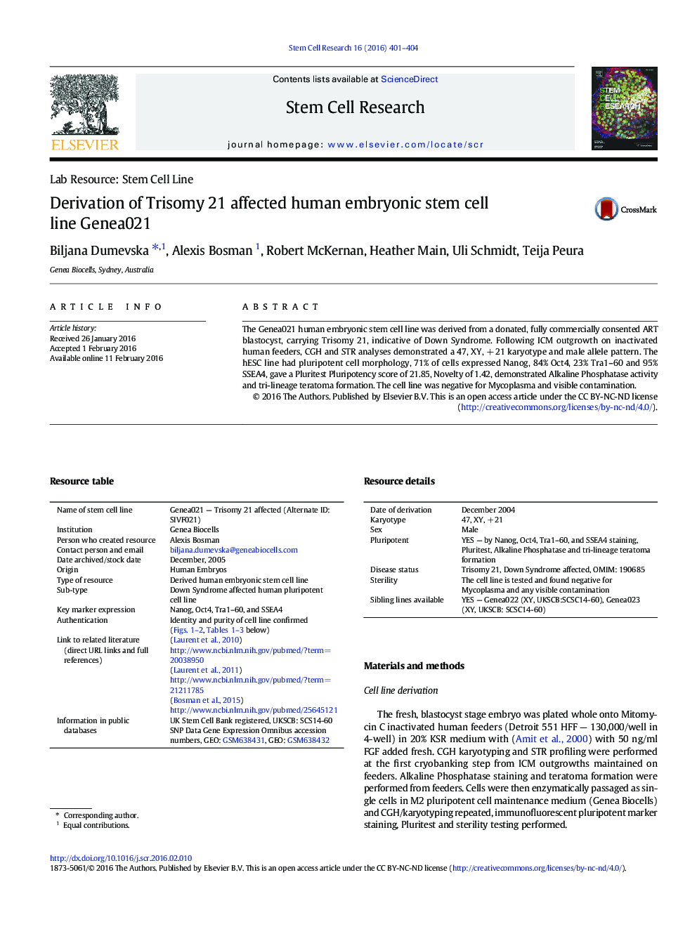 Derivation of Trisomy 21 affected human embryonic stem cell line Genea021