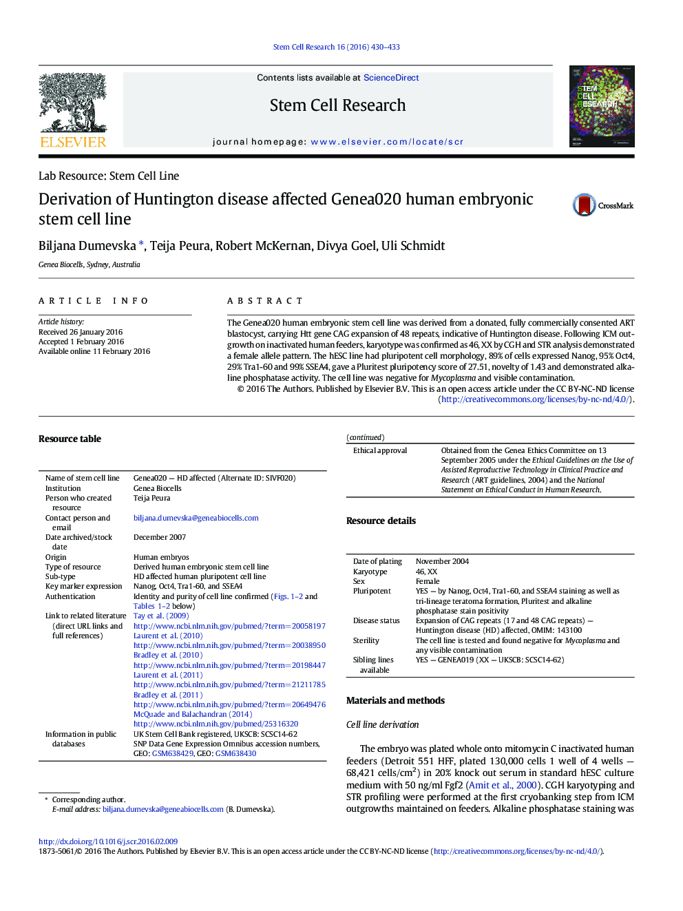 Derivation of Huntington disease affected Genea020 human embryonic stem cell line