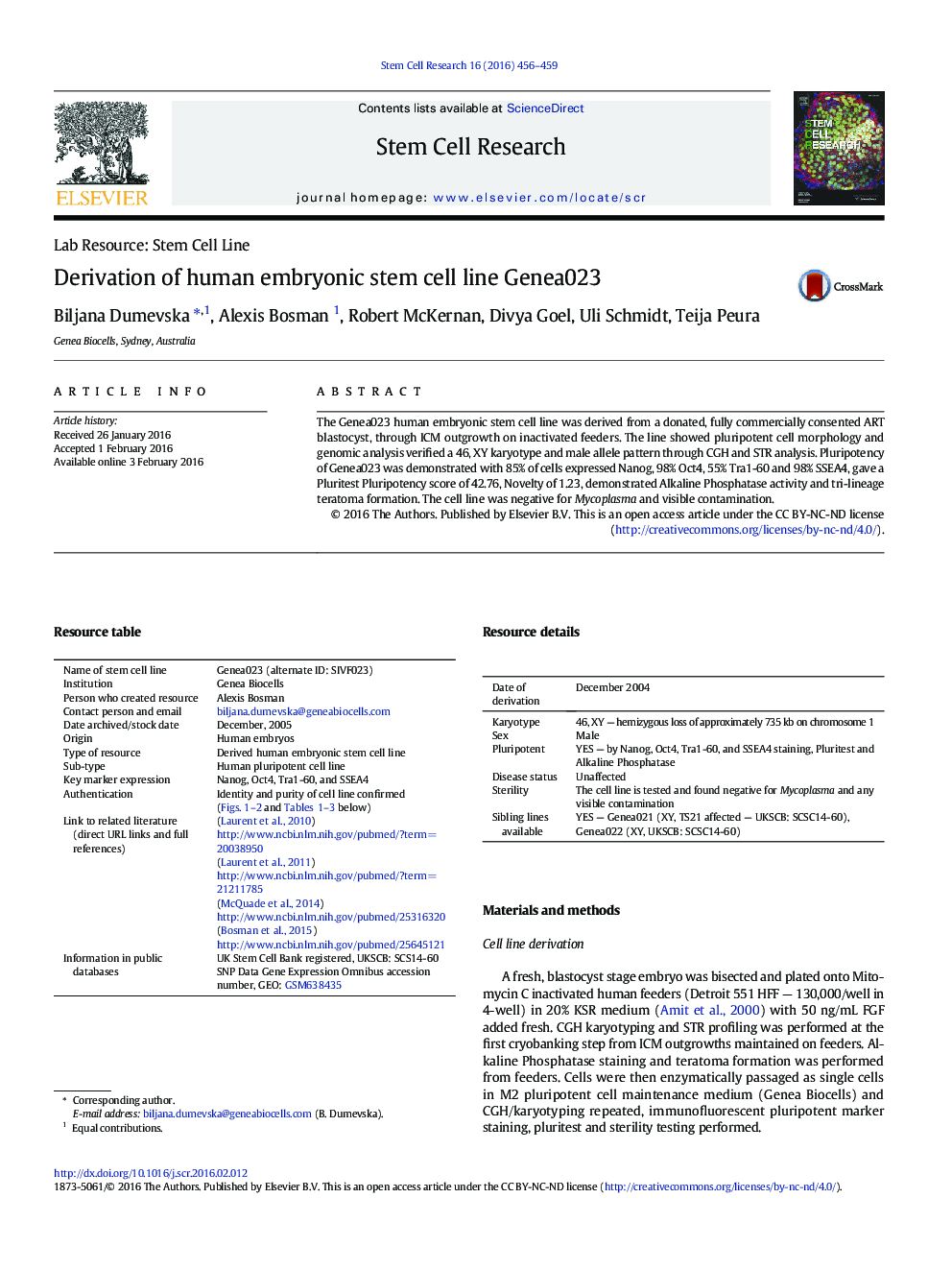 Derivation of human embryonic stem cell line Genea023