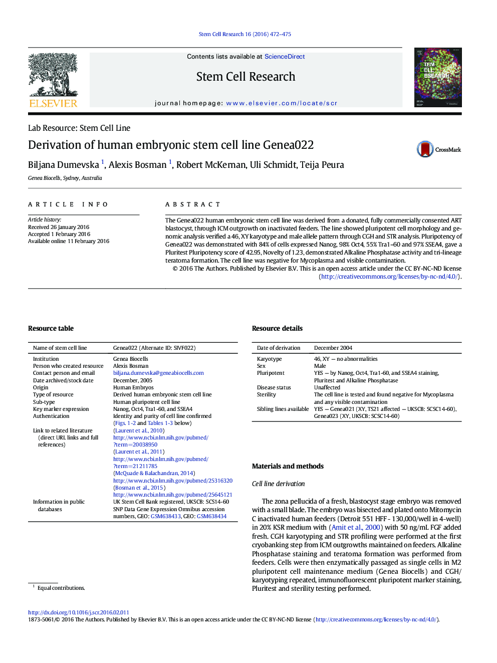 Derivation of human embryonic stem cell line Genea022