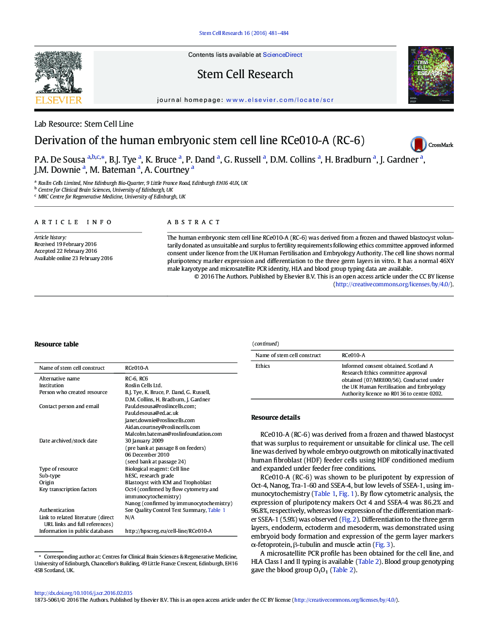 Derivation of the human embryonic stem cell line RCe010-A (RC-6)