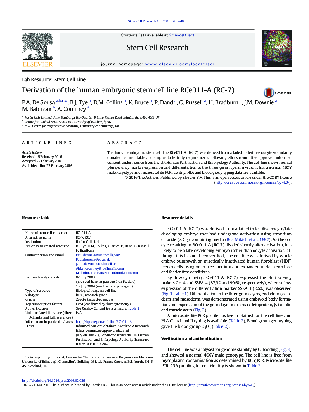 Derivation of the human embryonic stem cell line RCe011-A (RC-7)