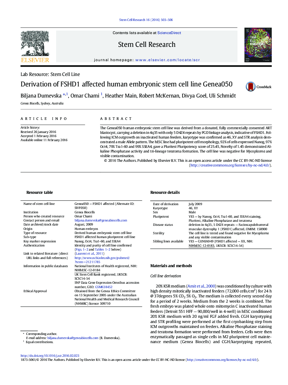 Derivation of FSHD1 affected human embryonic stem cell line Genea050