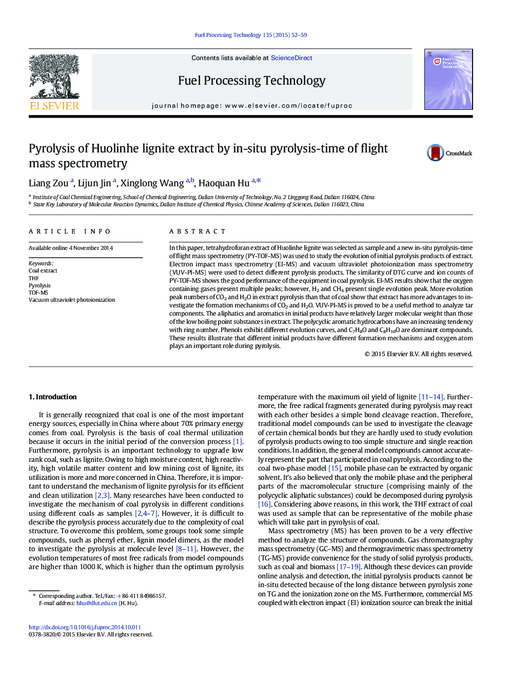 Pyrolysis of Huolinhe lignite extract by in-situ pyrolysis-time of flight mass spectrometry