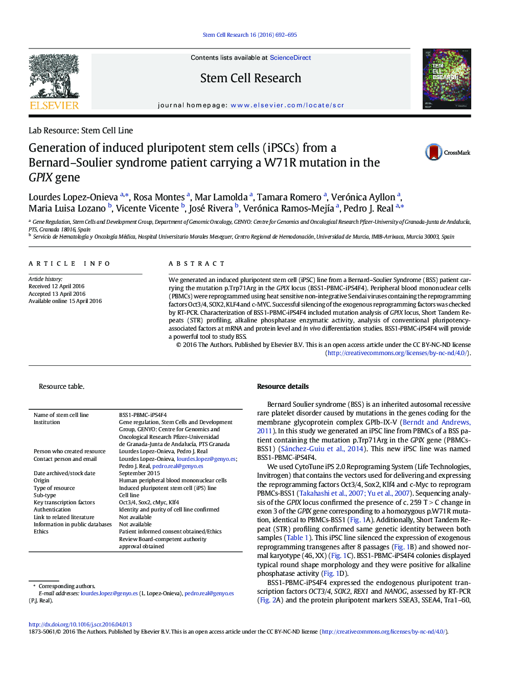 تولید سلول های بنیادی pluripotent القایی (iPSCs) از بیمار مبتلا به سندرم برنارد ـ سولیر که جهش W71R را در ژن GPIX حمل می کند