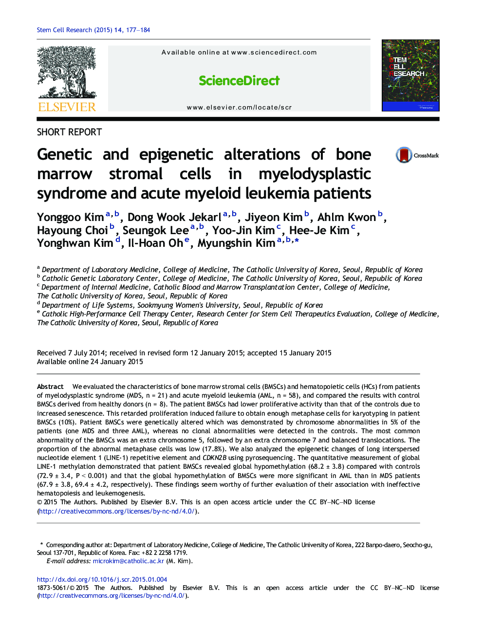 Genetic and epigenetic alterations of bone marrow stromal cells in myelodysplastic syndrome and acute myeloid leukemia patients