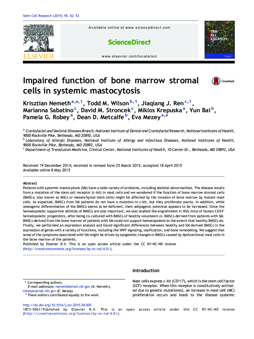 Impaired function of bone marrow stromal cells in systemic mastocytosis
