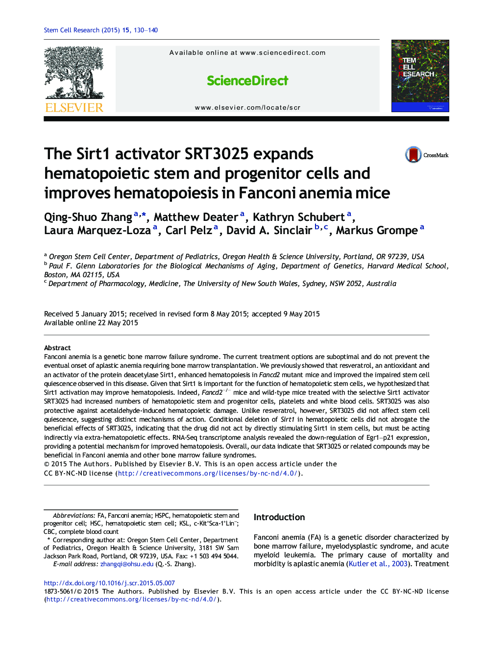 The Sirt1 activator SRT3025 expands hematopoietic stem and progenitor cells and improves hematopoiesis in Fanconi anemia mice
