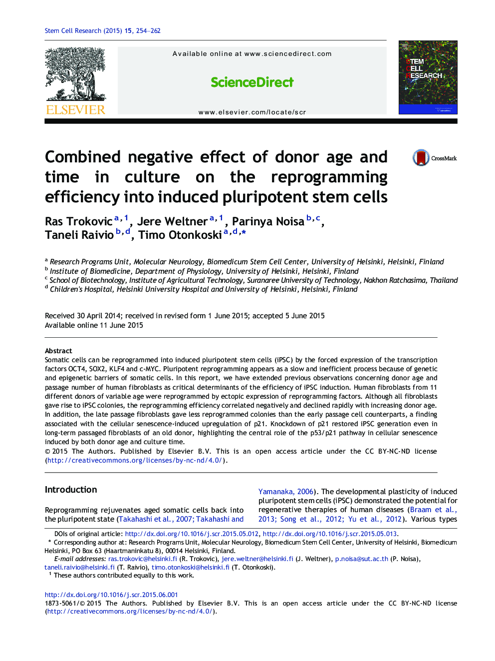 Combined negative effect of donor age and time in culture on the reprogramming efficiency into induced pluripotent stem cells