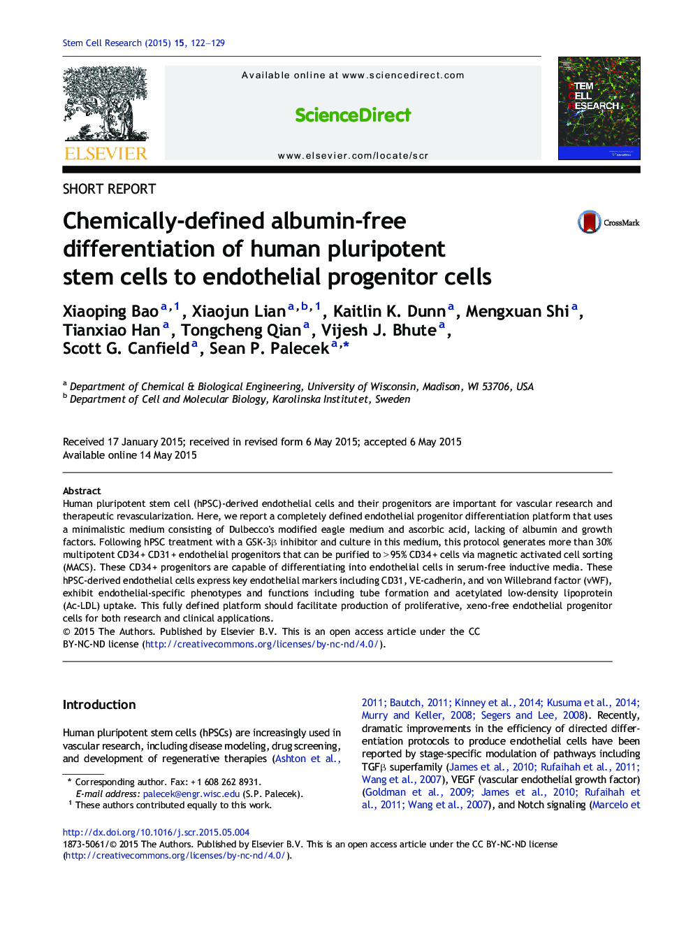 Chemically-defined albumin-free differentiation of human pluripotent stem cells to endothelial progenitor cells