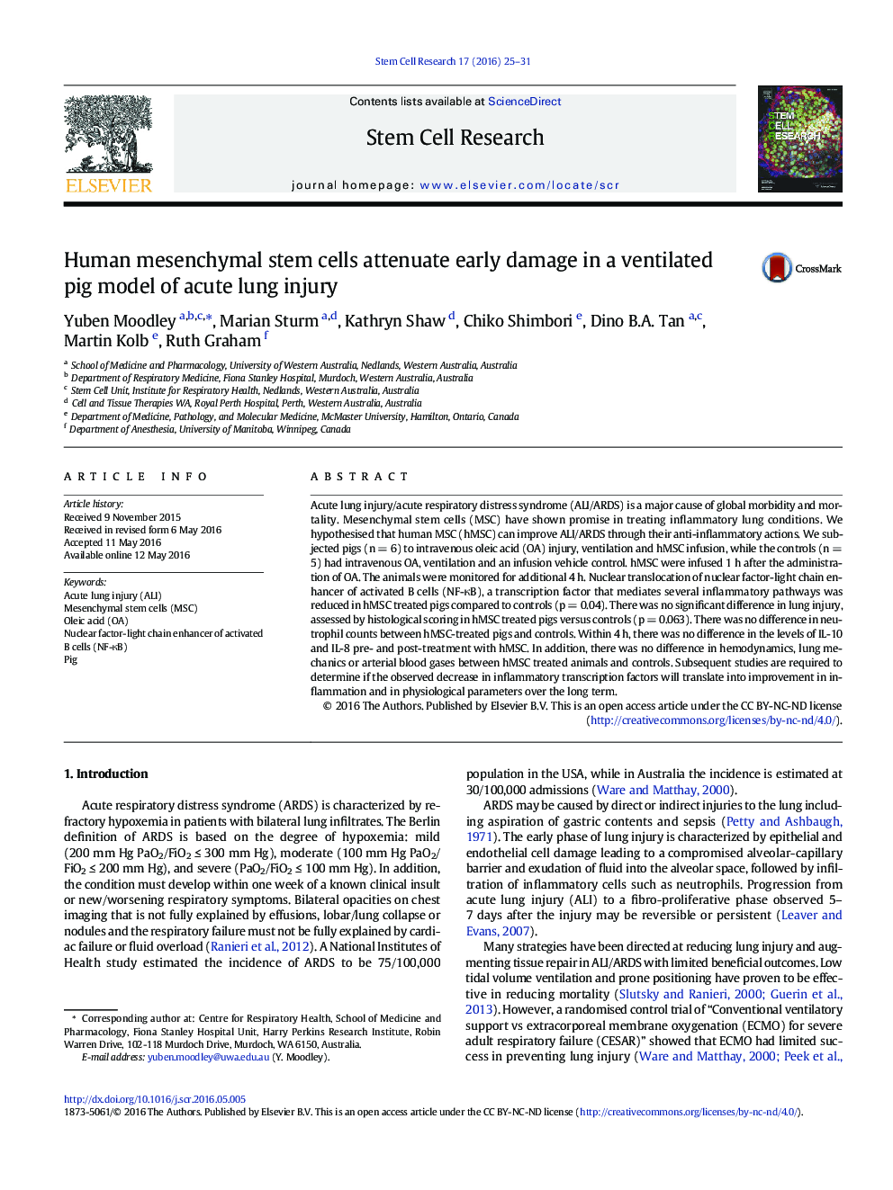 Human mesenchymal stem cells attenuate early damage in a ventilated pig model of acute lung injury