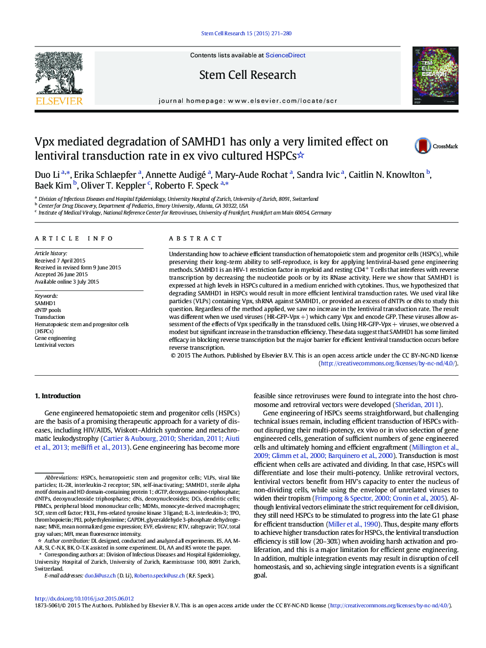 Vpx mediated degradation of SAMHD1 has only a very limited effect on lentiviral transduction rate in ex vivo cultured HSPCs 