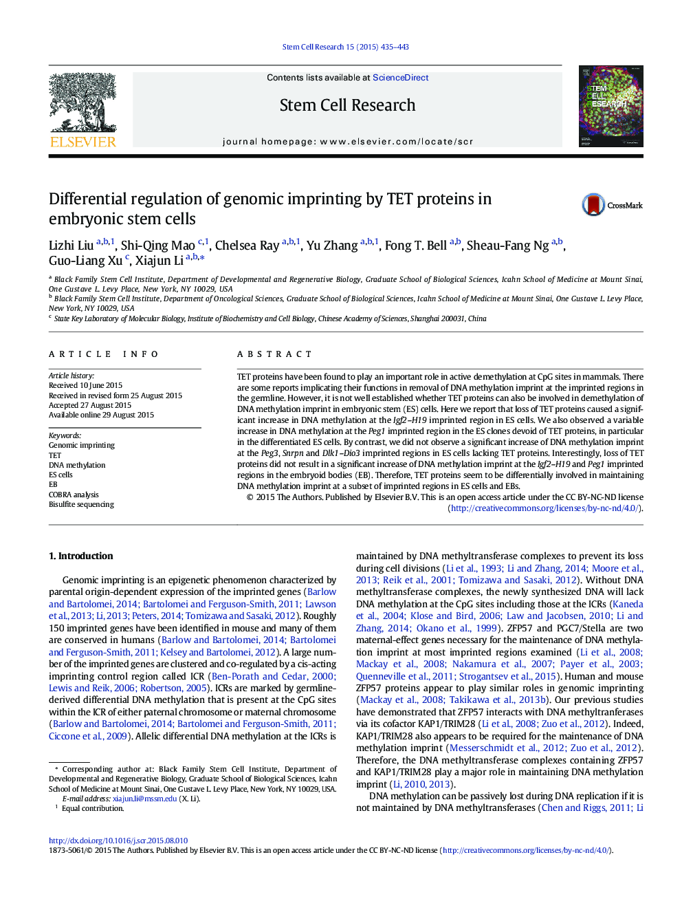 Differential regulation of genomic imprinting by TET proteins in embryonic stem cells