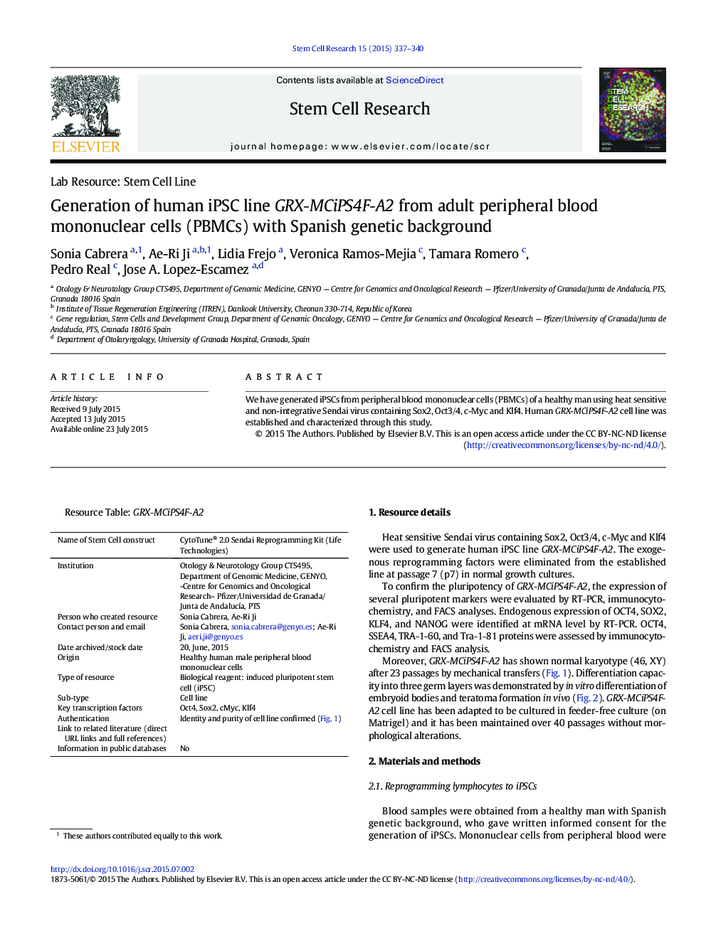 Generation of human iPSC line GRX-MCiPS4F-A2 from adult peripheral blood mononuclear cells (PBMCs) with Spanish genetic background