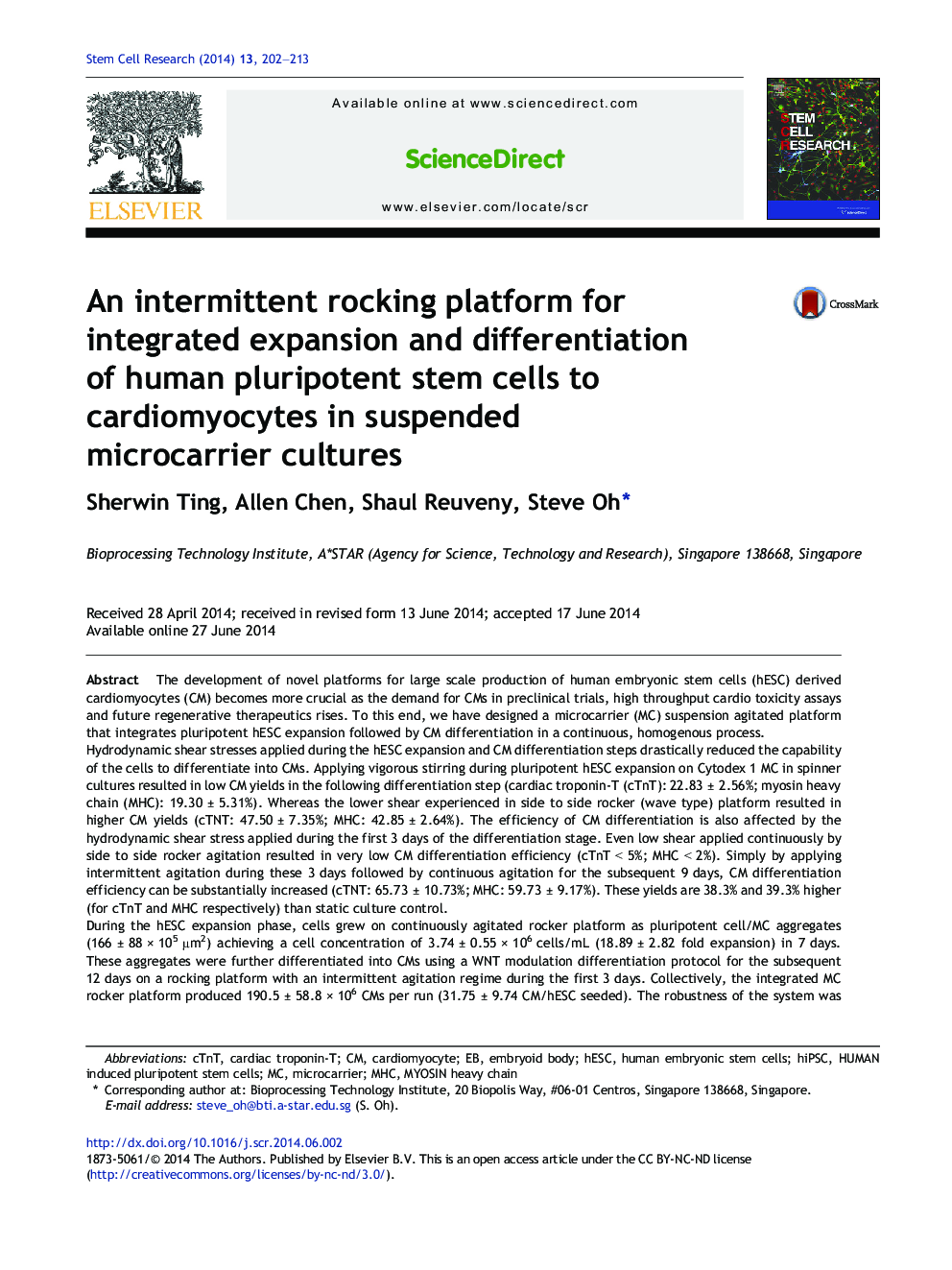 An intermittent rocking platform for integrated expansion and differentiation of human pluripotent stem cells to cardiomyocytes in suspended microcarrier cultures