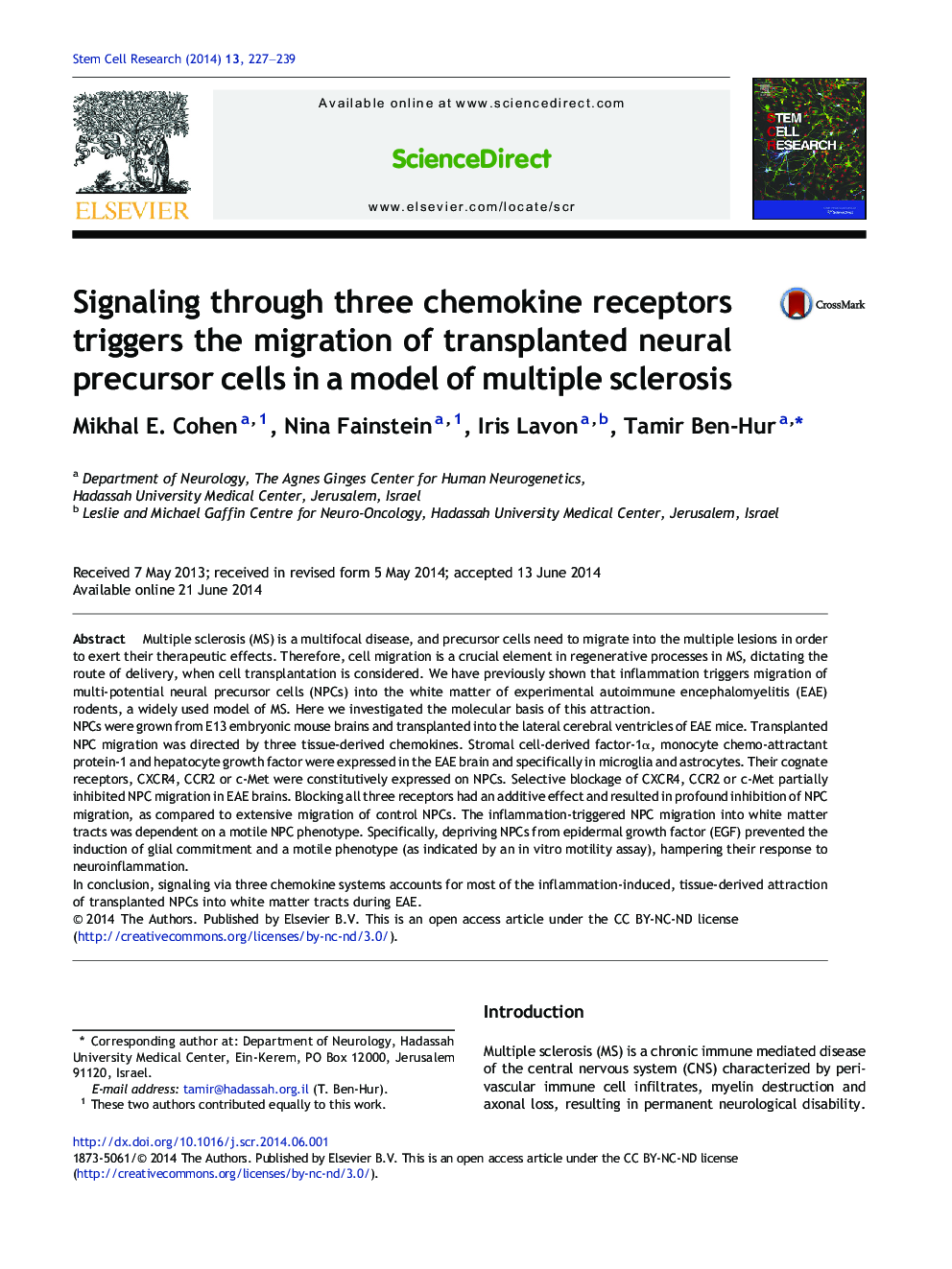 Signaling through three chemokine receptors triggers the migration of transplanted neural precursor cells in a model of multiple sclerosis