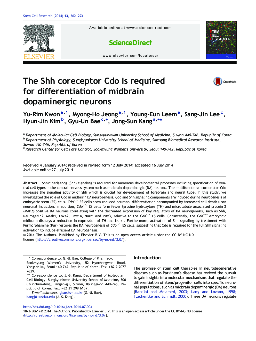 The Shh coreceptor Cdo is required for differentiation of midbrain dopaminergic neurons