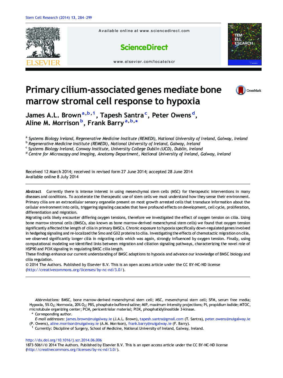 Primary cilium-associated genes mediate bone marrow stromal cell response to hypoxia