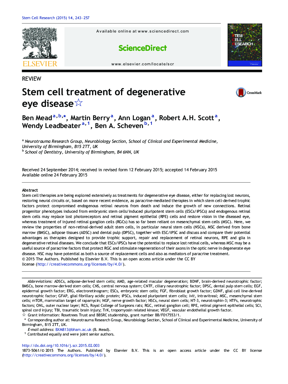 Stem cell treatment of degenerative eye disease 