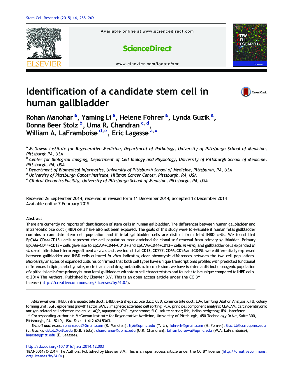 Identification of a candidate stem cell in human gallbladder