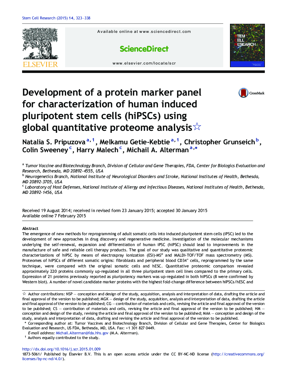 Development of a protein marker panel for characterization of human induced pluripotent stem cells (hiPSCs) using global quantitative proteome analysis 