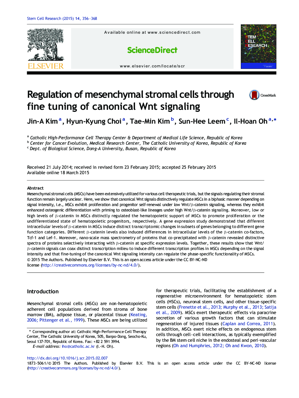 Regulation of mesenchymal stromal cells through fine tuning of canonical Wnt signaling