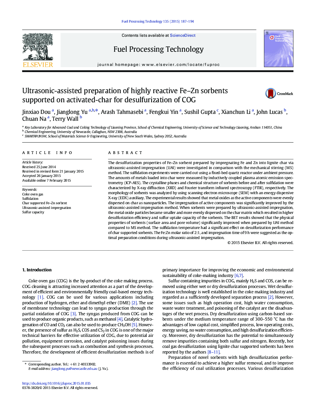 Ultrasonic-assisted preparation of highly reactive Fe–Zn sorbents supported on activated-char for desulfurization of COG