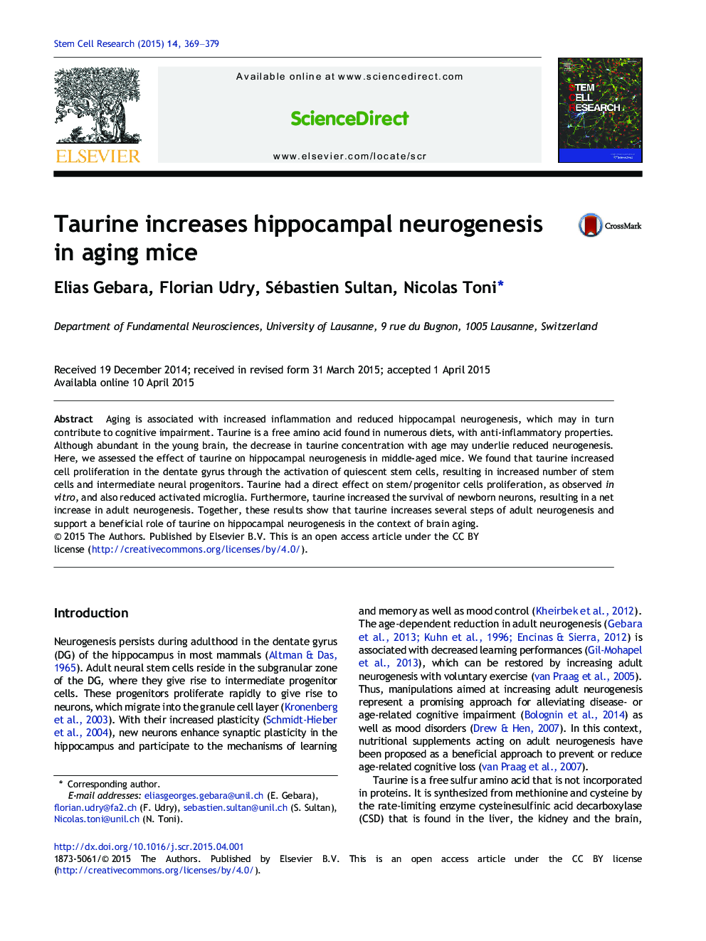 Taurine increases hippocampal neurogenesis in aging mice