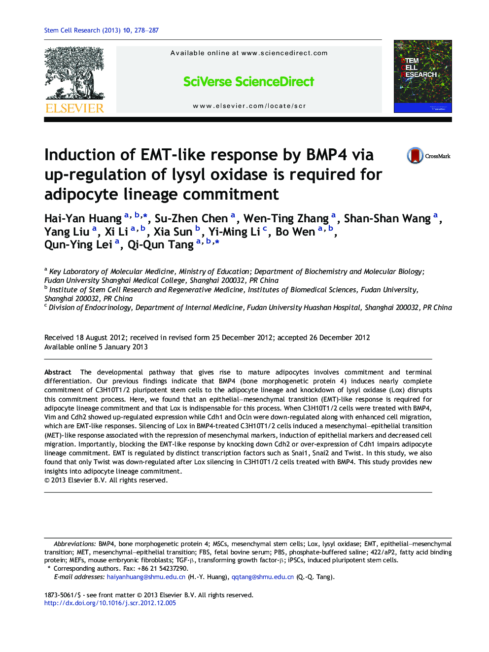Induction of EMT-like response by BMP4 via up-regulation of lysyl oxidase is required for adipocyte lineage commitment