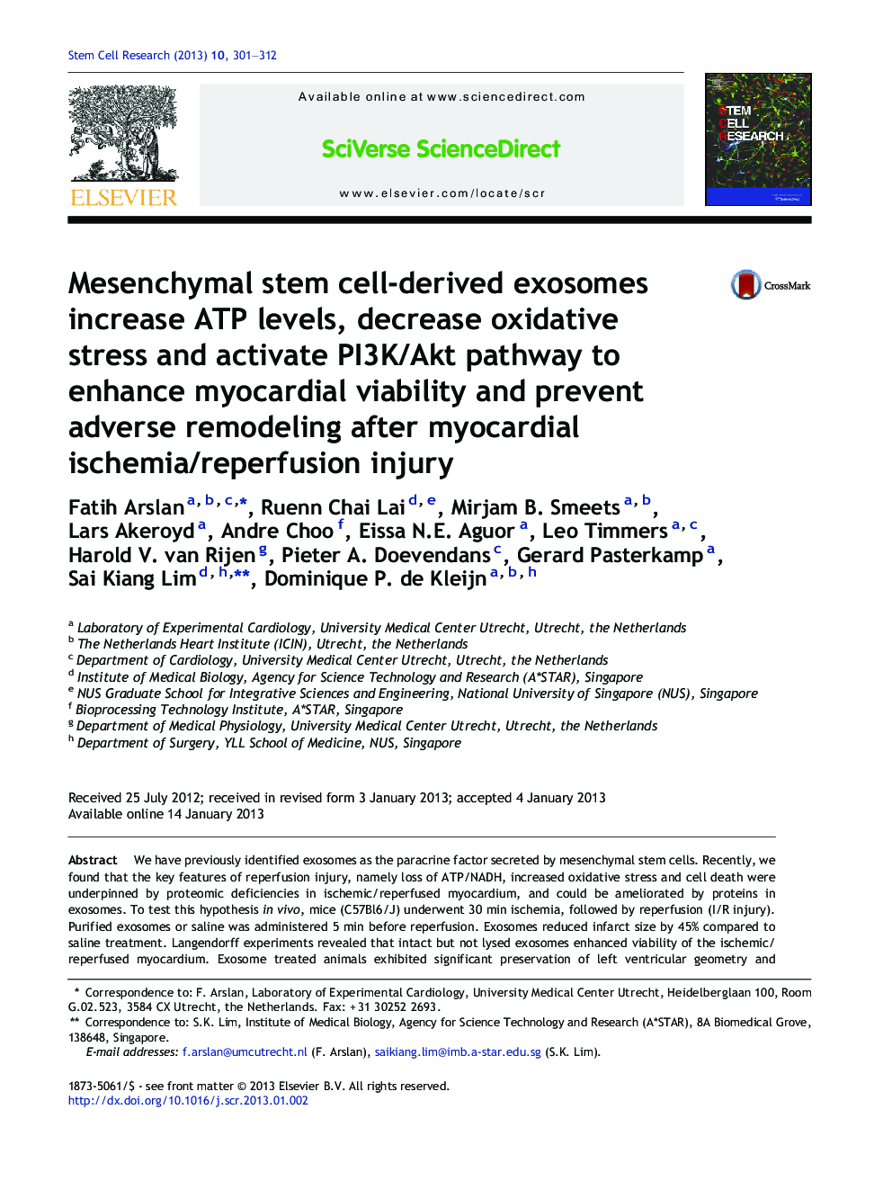 Mesenchymal stem cell-derived exosomes increase ATP levels, decrease oxidative stress and activate PI3K/Akt pathway to enhance myocardial viability and prevent adverse remodeling after myocardial ischemia/reperfusion injury