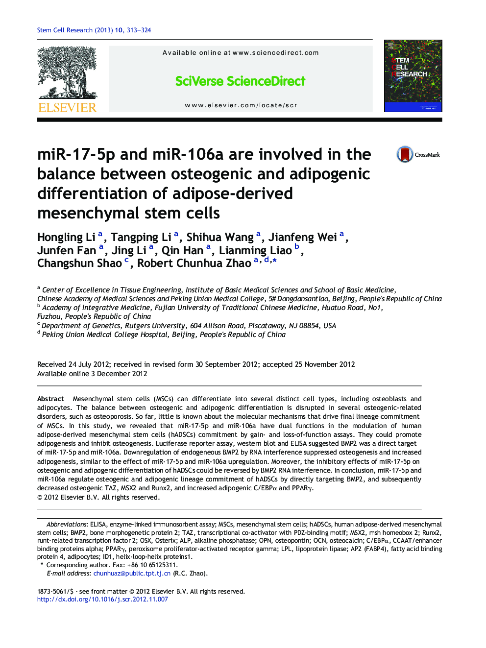 miR-17-5p and miR-106a are involved in the balance between osteogenic and adipogenic differentiation of adipose-derived mesenchymal stem cells