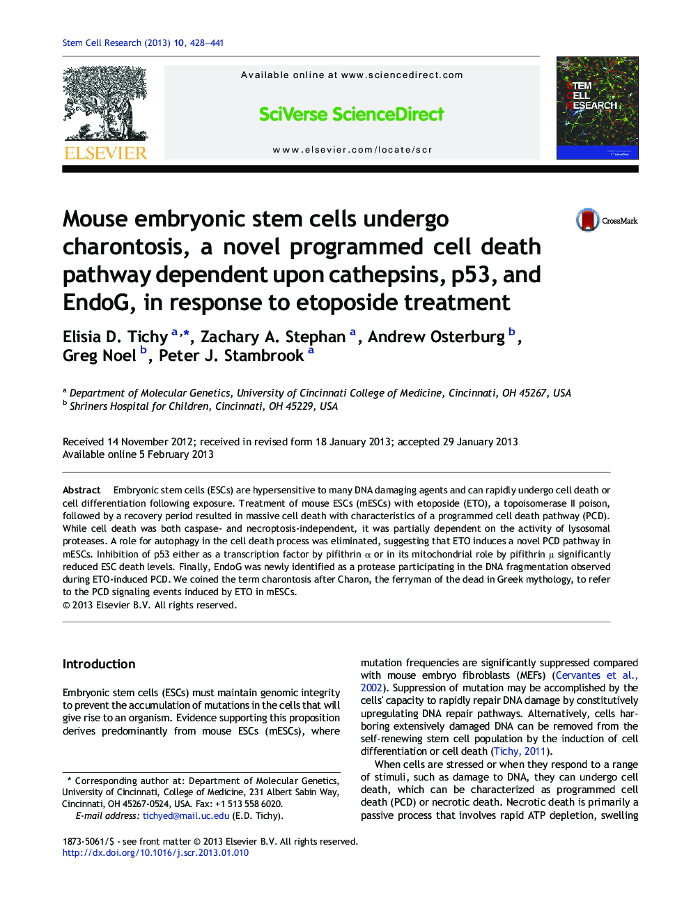 Mouse embryonic stem cells undergo charontosis, a novel programmed cell death pathway dependent upon cathepsins, p53, and EndoG, in response to etoposide treatment