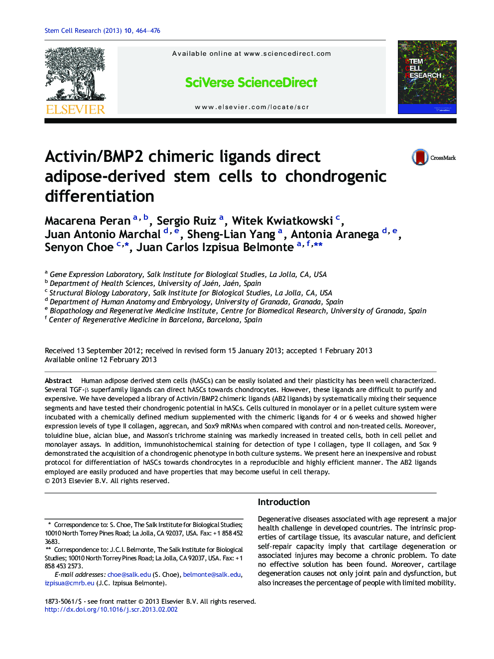 Activin/BMP2 chimeric ligands direct adipose-derived stem cells to chondrogenic differentiation