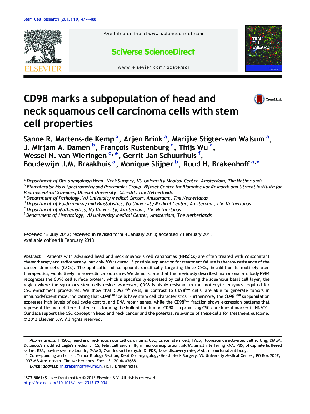 CD98 marks a subpopulation of head and neck squamous cell carcinoma cells with stem cell properties