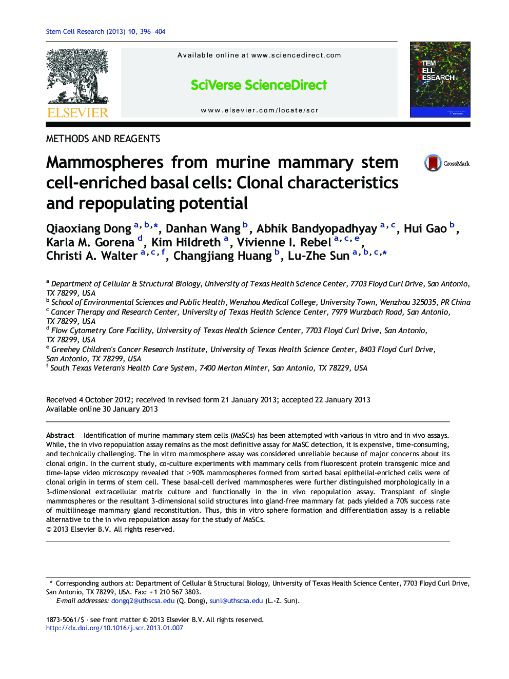Mammospheres from murine mammary stem cell-enriched basal cells: Clonal characteristics and repopulating potential